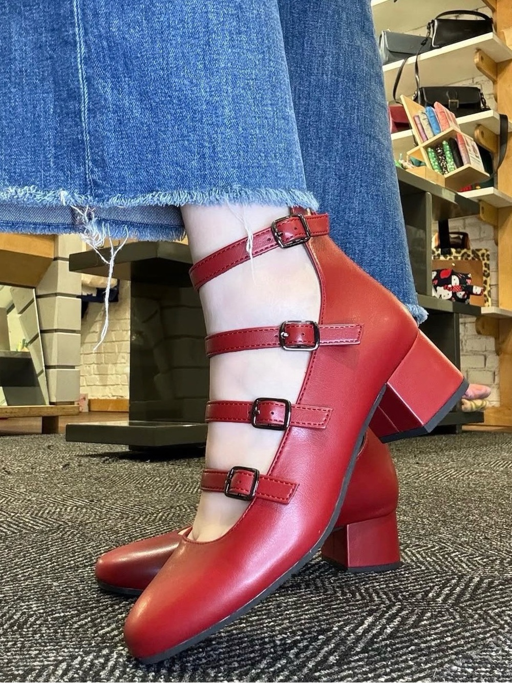 Bc By SEYCHELLES Red Mary Jane Block Heel Pumps with Triple Straps
